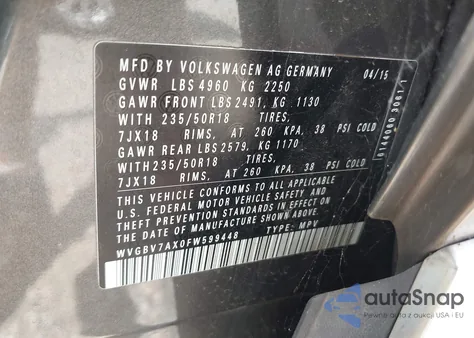 2015 Volkswagen Tiguan Se z USA, uszkodzony, nr VIN WVGBV7AX0FW599448